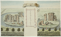 1857 Overblijfzels van het Huis te Oosterstein, na Ic. Hildernisse 1695. Twee afbeeldingen van de ruïnes en de ...