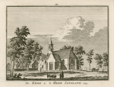 1861 De Kerk te 's Heer Jansland. 1745. Gezicht op de Nederlandse Hervormde kerk te Sirjansland, met personen