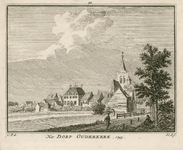 1863 Het Dorp Ouderkerk. 1745. Gezicht op het dorp Ouwerkerk, vanuit het oosten, met Nederlandse Hervormde kerk, en personen