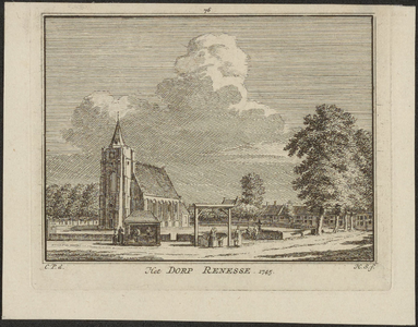 1875 Het Dorp Renesse. 1745. Gezicht in het dorp Renesse, met de Nederlandse Hervormde kerk, marktkraam en waterput, ...