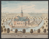 1877 Het Huis Moermond van agteren, na Ic. Hildernisse a. 1695. Gezicht op het kasteel Moermond te Renesse, van de ...