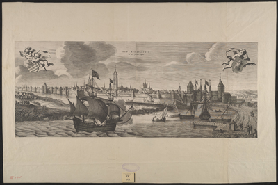 188 Oud Middelburgh in den Jaare 1400. Gezicht op de stad Middelburg van de zijde van de haven, met personen op de ...