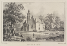 1881 Moermont. Het kasteel Moermond te Renesse, met op de voorgrond een vrouw met emmer bij het water