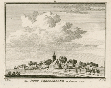 1886 Het Dorp Serooskerke in Schouwe. 1745. Gezicht op het dorp Serooskerke (Schouwen), met Nederlandse Hervormde kerk, ...