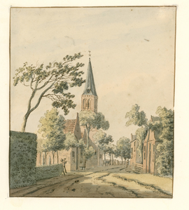 1888 Het dorp Zeerooskerk, van Agter. Gezicht op het dorp Serooskerke (Schouwen), met Nederlandse Hervormde kerk, en ...