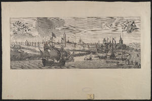 189 Gezicht op de stad Middelburg van de zijde van de haven, met personen op de voorgrond, hout op de kade en de wapens ...