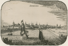 1892 Ziericzee. Gezicht op de stad Zierikzee, vanuit de haven, met personen, waaronder een herder en een visser. Met ...