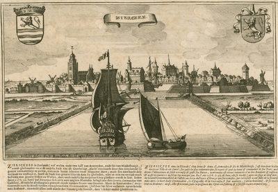 1893 Zierczee. Gezicht op de stad Zierikzee, vanuit de haven, met onder beschrijving (Nederlands/Frans) en boven de ...