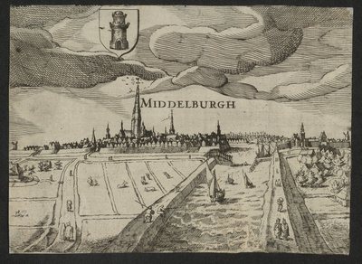 191 Middelburgh. Gezicht op de stad Middelburg van de zijde van de haven, met personen op de voorgrond, het wapen van ...