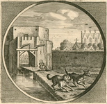 1929 Gezicht op de oude Begijnenpoort (afgebroken 1620) te Zierikzee, met honden, en op de achtergrond een deel van de ...