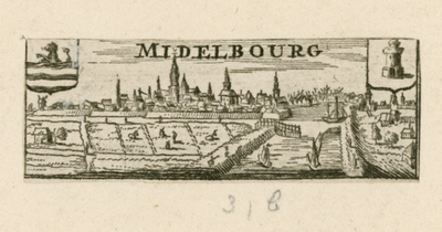 195 Midelbourg. Gezicht op de stad Middelburg van de zijde van de haven, met de wapens van Zeeland en Middelburg in de ...