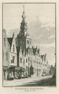 1950 Stadhuis te Zierikzee. Gezicht op het stadhuis aan de Meelstraat te Zierikzee, met aangrenzende panden, en ...