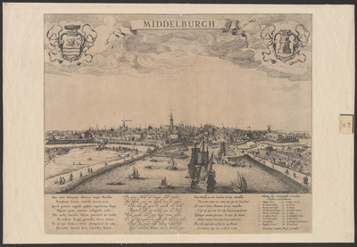 197 Middelburgh. Gezicht op de stad Middelburg van de zijde van de haven, met personen, wapens van Zeeland en ...