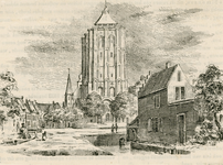 1972 Gezicht op de toren van de Sint Lievensmonsterkerk te Zierikzee, met personen