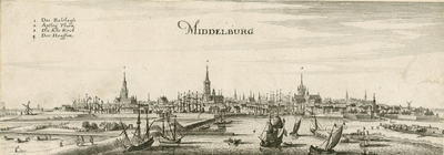 199 Middelburg. Gezicht op de stad Middelburg van de zijde van de haven, met personen, en linksboven verklaring der ...