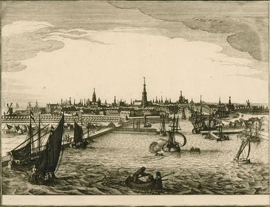 202 Gezicht op de stad Middelburg van de zijde van de haven, met personen, en visser op de voorgrond