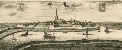 2031 De Stad St. Maertensdijk. Gezicht op de stad Sint Maartensdijk, vanuit het zuiden, met het wapen van Zeeland ...