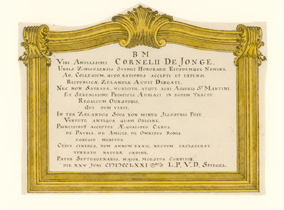 2073 Het grafbord (Latijn) van Cornelis de Jonge, pensionaris Zierikzee, gecommitteerde provinciale rekenkamer Zeeland, ...