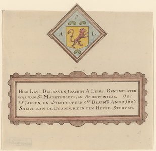 2075 Het ruitvormig wapenbord van Joachim A. Liens, rentmeester van Sint Maartensdijk en Scherpenisse, oud 35 jaar, ...