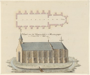 2081 de Kapel van het Kapoenenhuis te St. Maartensdijk, na Ic. Hildernisse a. 1695. Plattegrond en aanzicht (in ...