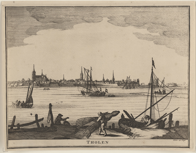2088 Tholen. De stad Tholen, gezien vanaf de Eendracht, met op de voorgrond vissers