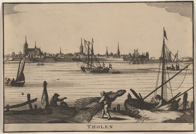 2089 Tholen. De stad Tholen, gezien vanaf de Eendracht, met op de voorgrond vissers