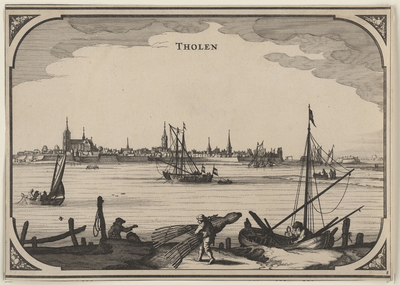2090 Tholen. De stad Tholen, gezien vanaf de Eendracht, met op de voorgrond vissers