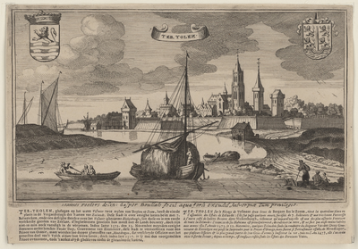 2091 Ter Tolen. De stad Tholen, gezien vanuit de Eendracht, met op de voorgrond een boot met landbouwproducten, met de ...