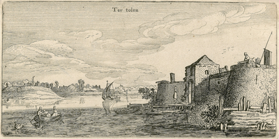 2097 Ter Tolen. Gezicht op een deel van de walllen van de stad Tholen met de Oud-Vossemeerse poort, en de Eendracht. In ...