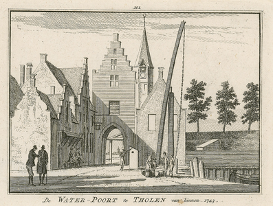2101 De Waterpoort te Tholen van binnen. 1743. Gezicht op de Waterpoort te Tholen, van de stadszijde, met personen, ...