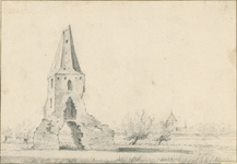2103 Ruïne van den vervallen Slijktoren en de stad Tholen in 't verschiet. 1791. (achterzijde). De bouwvallen van het ...