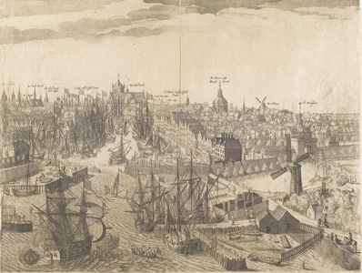 211-3 Middelburgum. Panorama van Middelburg, met de haven, onder andere de Oostkerk (1665), de nieuwe kamer van de ...