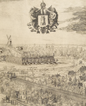 211-4 Middelburgum. Panorama van Middelburg, met Veerse singel en Veers schuitvlot en gekroonde wapen van Zeeland, ...