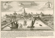 213 Middelborcht. Gezicht op de stad Middelburg, van de zijde van de haven, met wapens van Zeeland en Middelburg en ...
