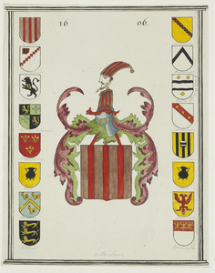 2146 v. Berchem 1606. Het wapenbord van Pieter van Berchem, overleden 6 mei 1606, gehelmd en hofnar, en zijn ...