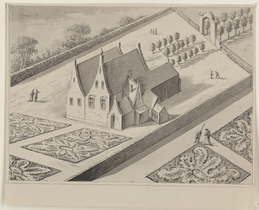 2156 Het huis van Blois de Treslong te Tholen in vogelvlucht, noordwestelijk van de kerk, met muur en haag