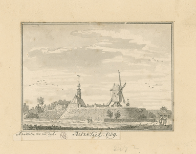 2172 Biervliet. 1739. Gezicht op de stad Biervliet, met Nederlandse Hervormde kerk en op de voorgrond diverse personen, ...