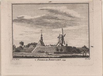 2173 't Steedje Biervliet. 1739. Gezicht op de stad Biervliet, met Nederlandse Hervormde kerk en op de voorgrond ...
