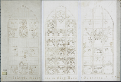 2183 Geschilderde Glasen van de Eloy Kerk te Oostburg A° 1726. Drie versierde glas-in-loodramen, met daarin afgebeeld ...