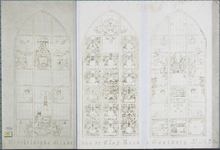 2183 Geschilderde Glasen van de Eloy Kerk te Oostburg A° 1726. Drie versierde glas-in-loodramen, met daarin afgebeeld ...