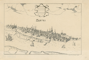 2190 Zluys. Gezicht op de stad Sluis, vanuit het noordwesten, met de haven, en midden boven het wapen van de stad