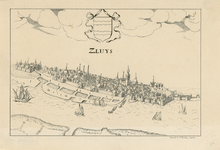 2190 Zluys. Gezicht op de stad Sluis, vanuit het noordwesten, met de haven, en midden boven het wapen van de stad