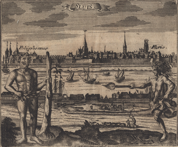 2191 Sluis. Gezicht op de stad Sluis, vanuit het noordwesten, met de haven, en op de voorgrond de goden Polyphemus ...