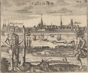 2192 Sluis. Gezicht op de stad Sluis, vanuit het noordwesten, met de haven, en op de voorgrond de goden Polyphemus ...