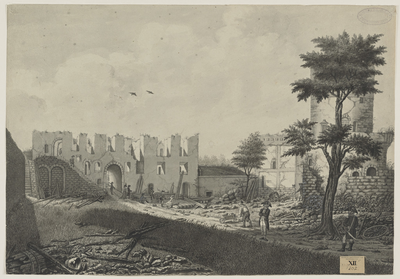 2204 Gezicht op het kasteel van Sluis, na de verwoesting door de Fransen in 1794, met personen, waaronder in uniform, ...