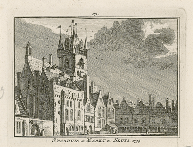 2209 Stadhuis en Markt te Sluis. 1739. Gezicht op het stadhuis met aangrenzende panden aan de Markt te Sluis, en ...