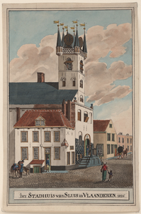 2211 het Stadhuis van Sluis in Vlaanderen, 1826. Het stadhuis met herberg te Sluis, met wacht op het bordes