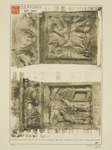 2220b Sculptures XIVe siècle. Twee in hout gesneden sleutelstukken in de bovenzaal van het stadhuis te Sluis, met ...