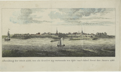 2241 Afbeelding der Stad Axel zooals dezelve zig vertoonde ten tijde van 't Jubel Feest des jaars 1786. Gezicht op de ...