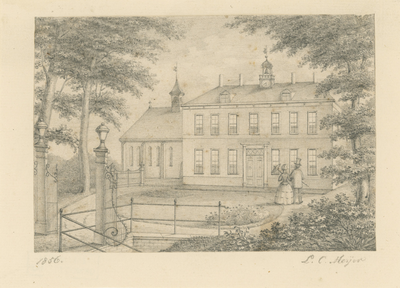 2251 Gezicht op het Hof te Kloosterzande, afgebroken in 1857, aan de voorzijde, met man en vrouw met parasol, en links ...